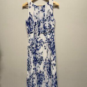 Eliza J Blue and White Floral Pleated Maxi Dress